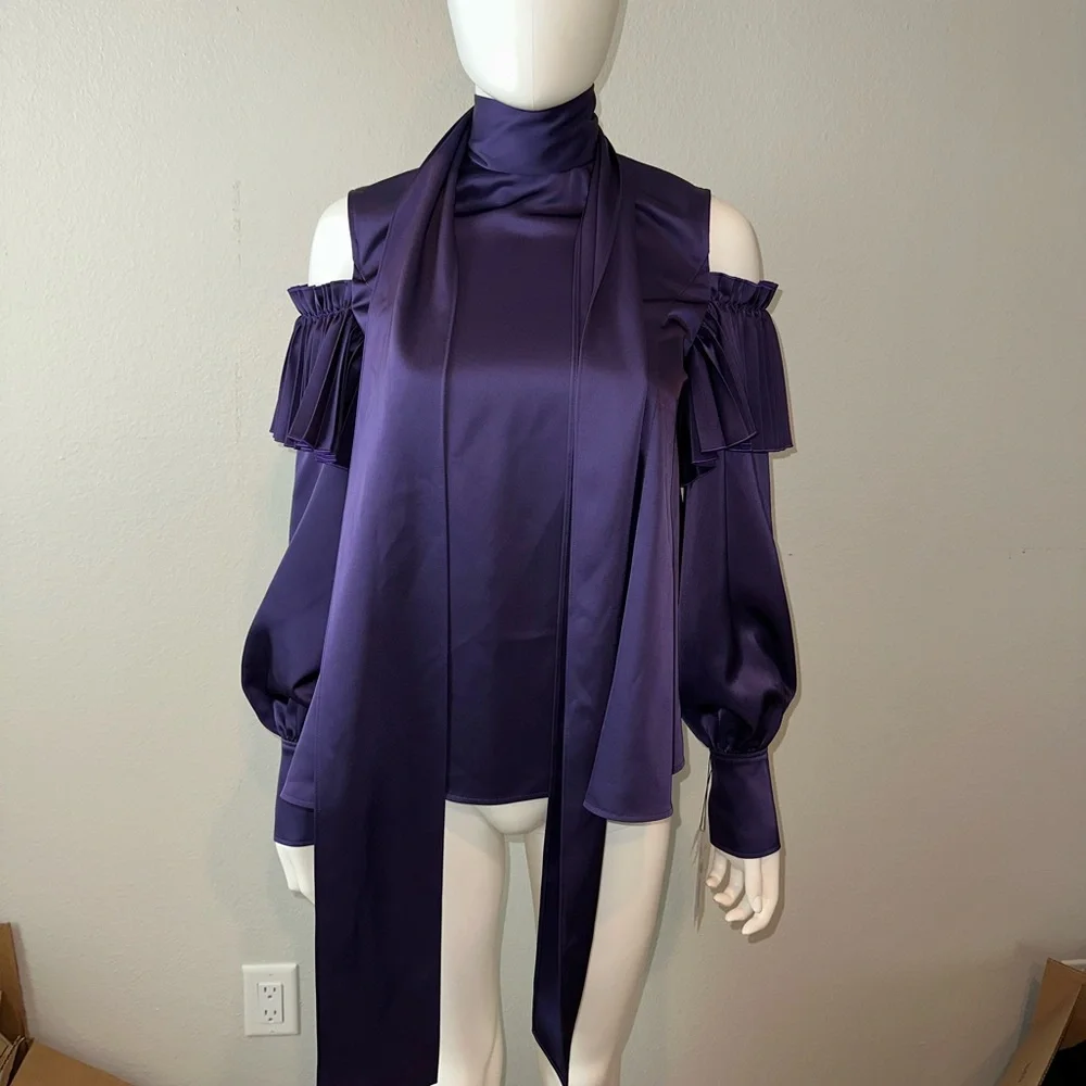 ADEAM Japan Intermix “Ashlee” purple cold shoulder pleated blouse top w ties XS - Picture 7 of 14